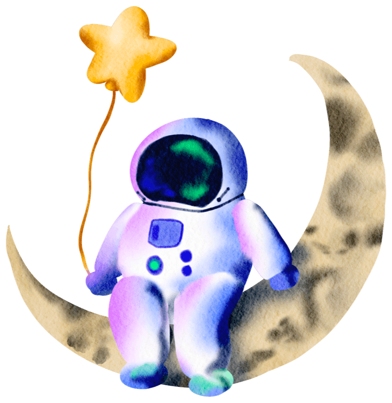 Watercolor astronaut sitting on a crescent moon, holding a star balloon